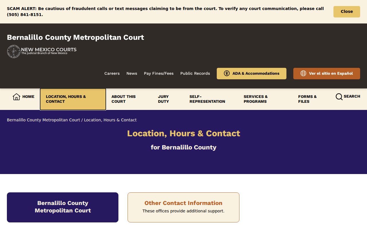 Bernalillo County warrant records, Metro Court contact page