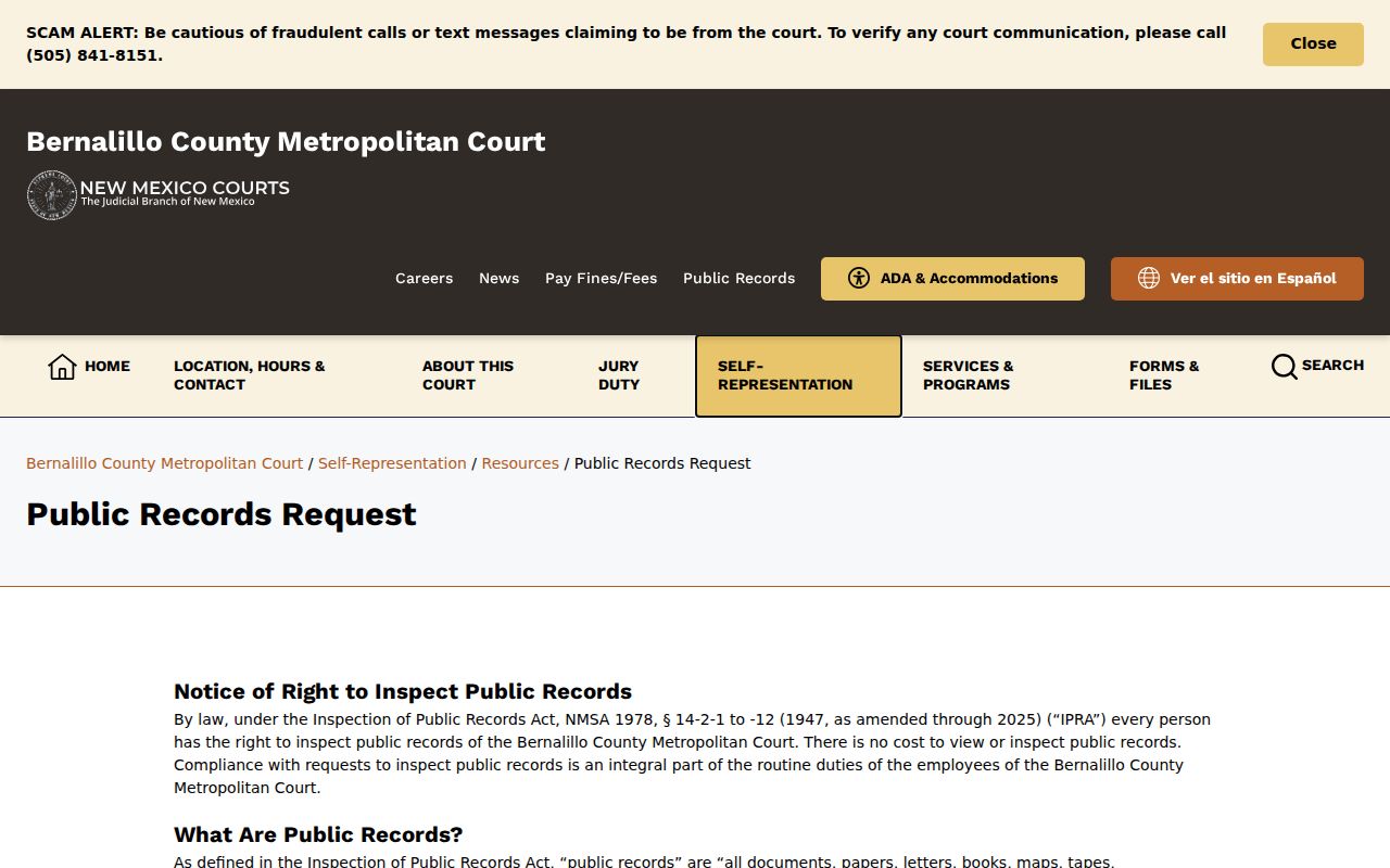 Bernalillo County warrant records, Metro public records request page