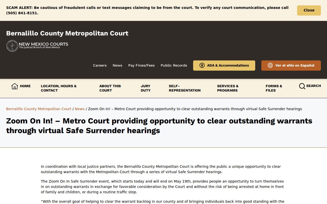 Bernalillo County warrant resolution, Metro Safe Surrender information