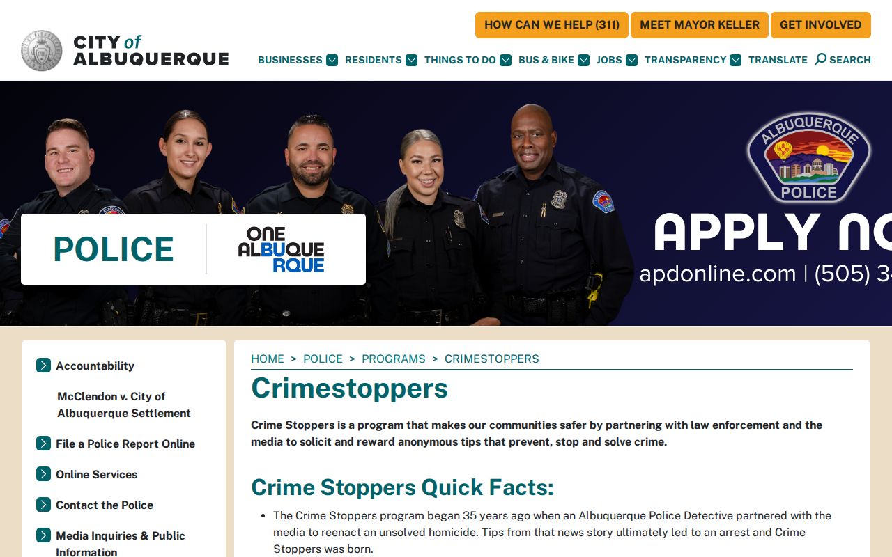 Bernalillo County warrant records, APD Crime Stoppers public program