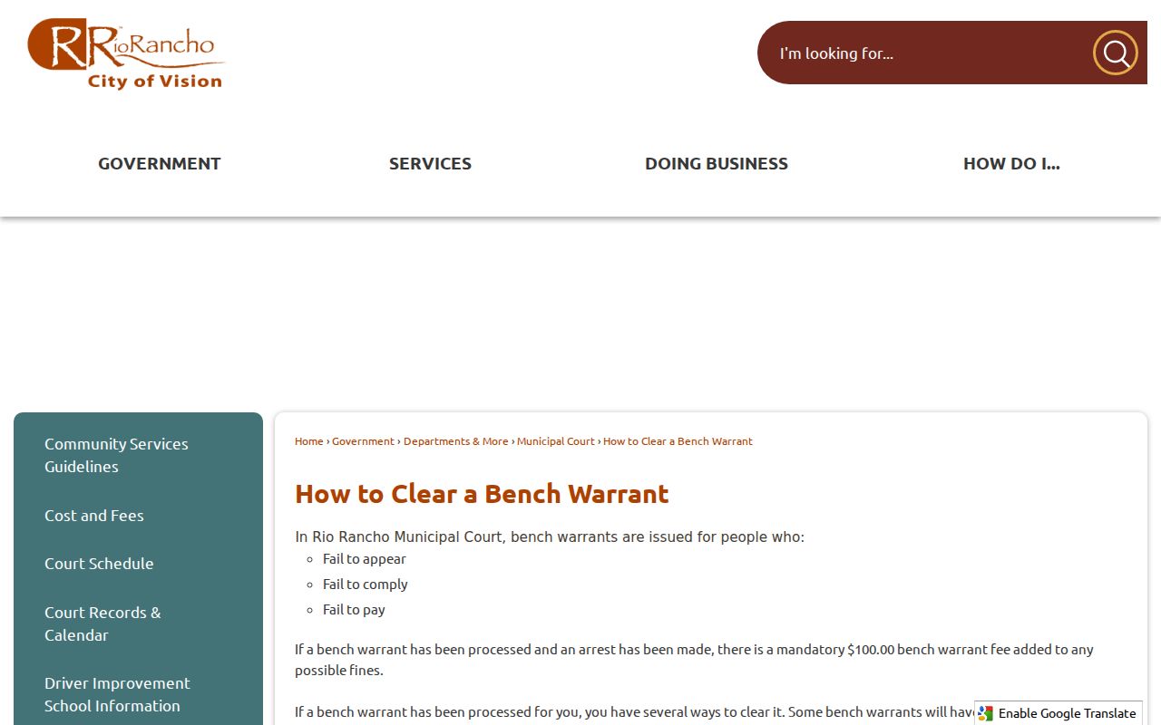 Bernalillo County bench warrant search, Rio Rancho clearing instructions