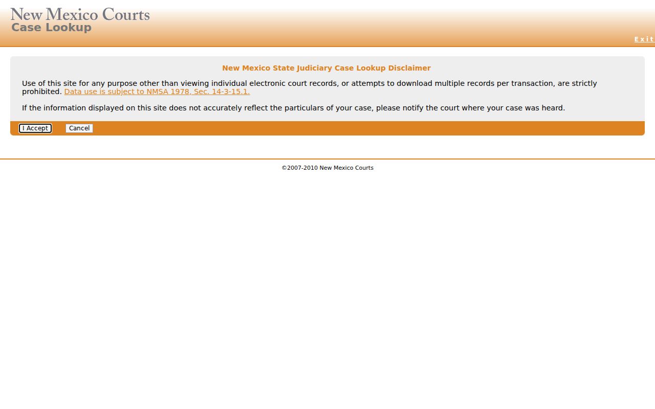 Bernalillo County warrant search, New Mexico Case Lookup landing screen