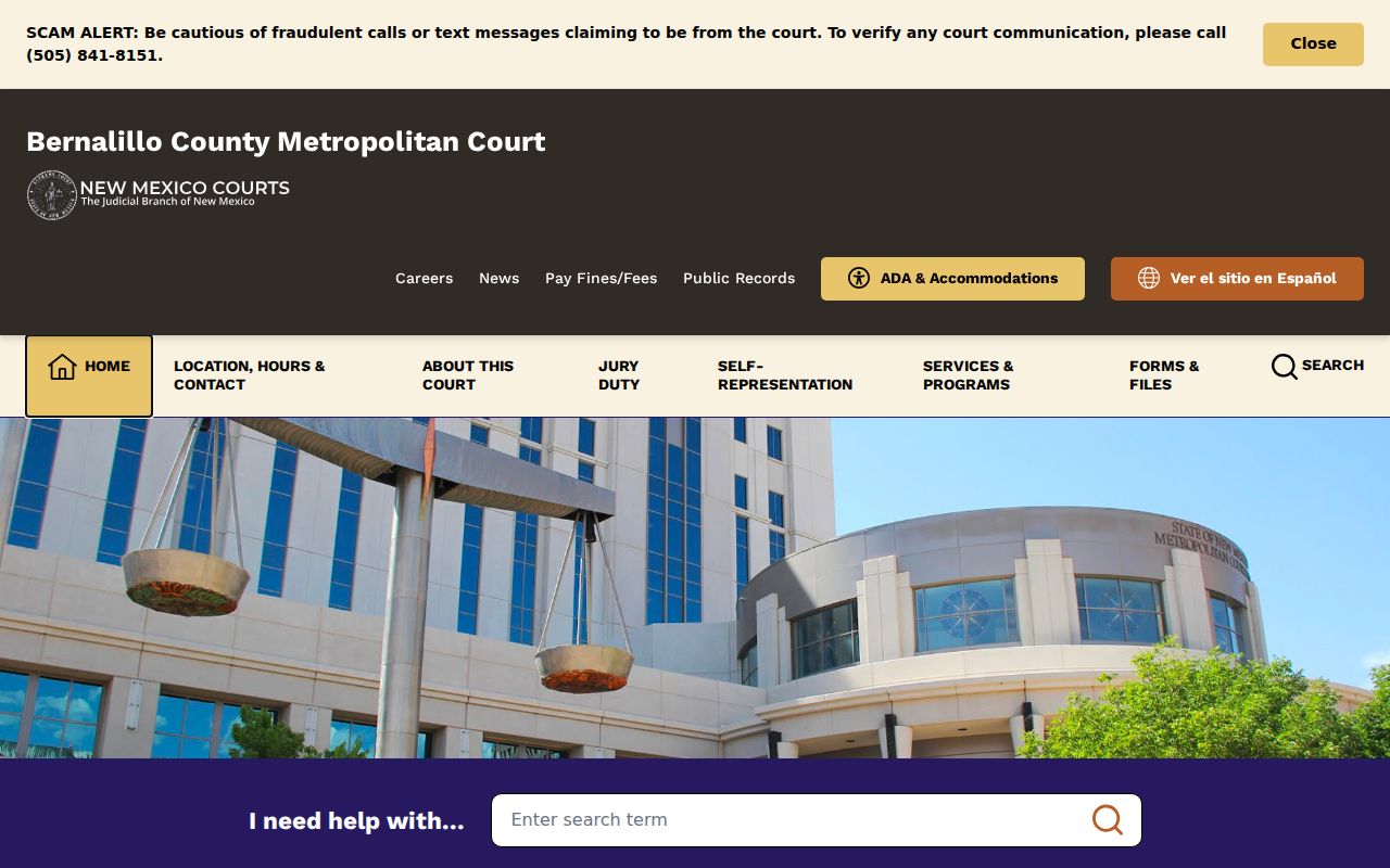 Bernalillo County Metro Court homepage and warrant records context